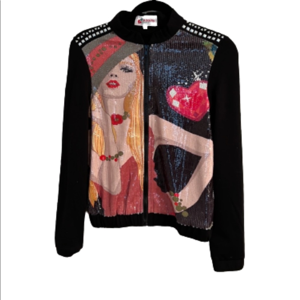 "Diamonds Are A Girl's Best Friend" fun sequin zippered jacket/shirt Size XS